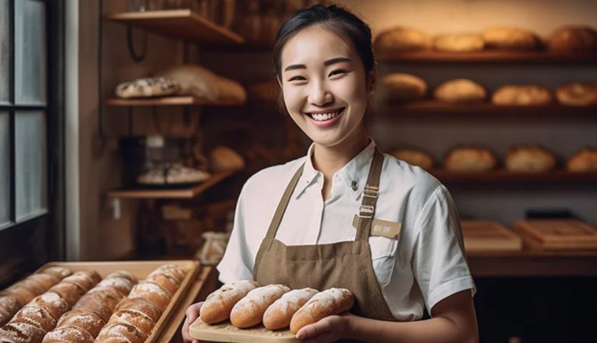 Smiling woman in a bakery holding bread rolls