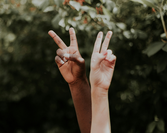 Two hands reaching up making the peace symbol