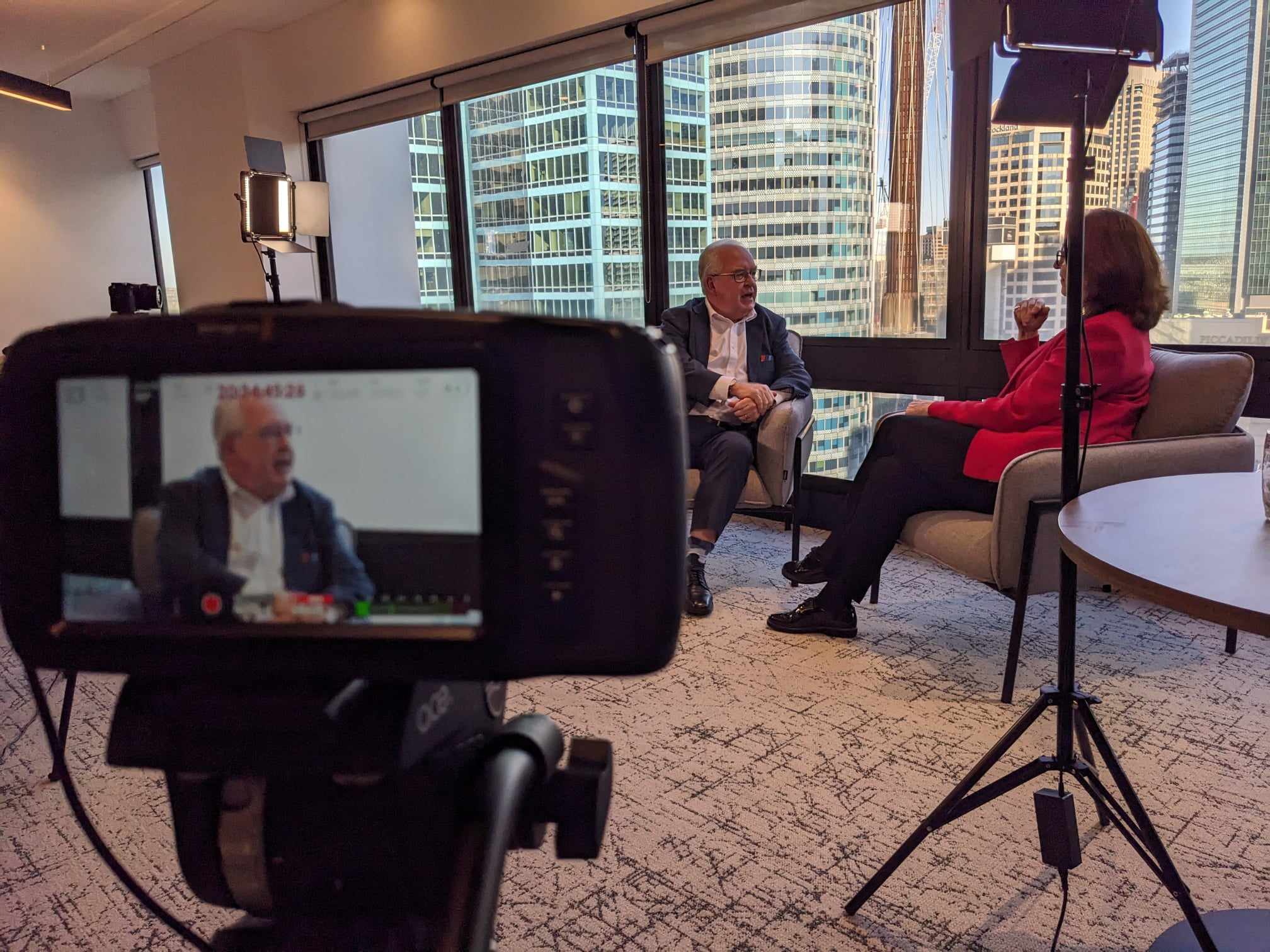 Banner photo for Let's Talk Ageing interview series, showing Age Discrimination Commissioner Robert Fitzgerald AM interviewing AHRC President Em. Professor Rosalind Croucher AM