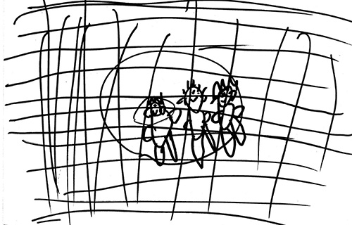 Child drawing - my dad, me and mum behind the fence at Nauru