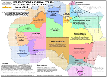 A map of Australia showing Representative Aboriginal/Torres Strait Islander Body Areas 1 January 2009