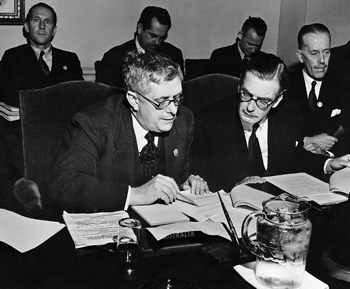 Then-President of the UN General Assembly and former Australian Foreign Minister, Doctor H V Evatt, with the United Nations delegation.