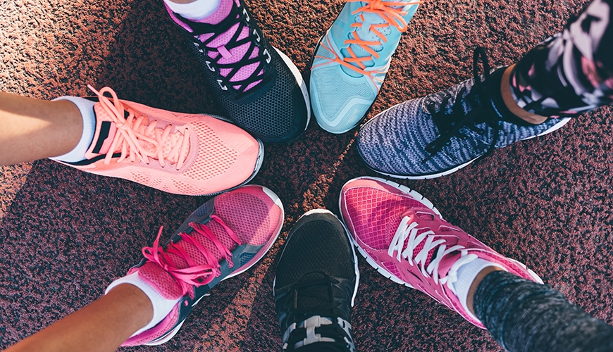 colourful range of runnning shoes in a circle