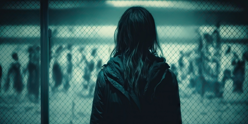 A woman standing in front of a chain-link fence