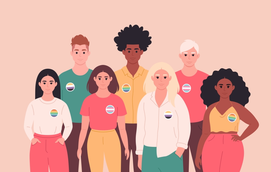 cartoon of seven people standing and facing the camera with LGBTIQ+ badges on their shirts