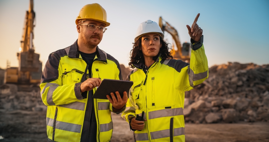 Multi racial man and woman working on mining site