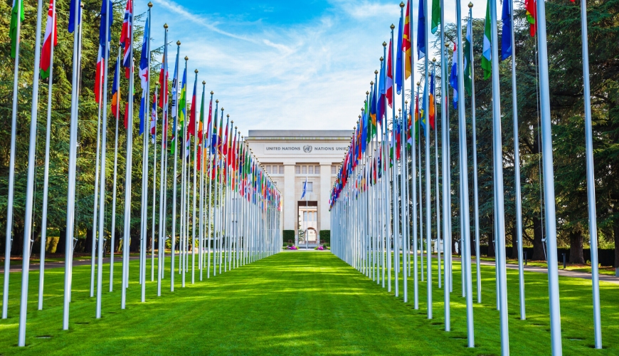 Geneva entrance to the United Nations Building, with all countries flags lining the road