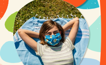 Circular photo of girl wearing face mask, surrounded by colourful shapes