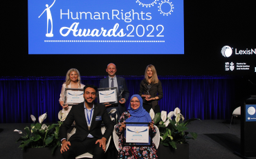 Human Rights Award winners, Mahboba Rawi, Nawid Cina, Caroline Cecile Fletcher, Scientia Professor Jane McAdam, Andrea Comastri (hotel Etico CEO)  