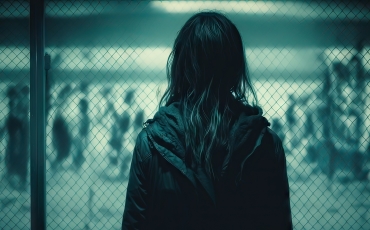 A woman standing in front of a chain-link fence