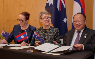 Commission President Emeritus Professor Rosalind Croucher AM, Australia’s Ambassador for Human Rights Brontë Moules and Phoukhong Sisoulath, Director General of the Department of Treaty and Law within the Lao Ministry of Foreign Affairs signing the memorandum of understanding.  