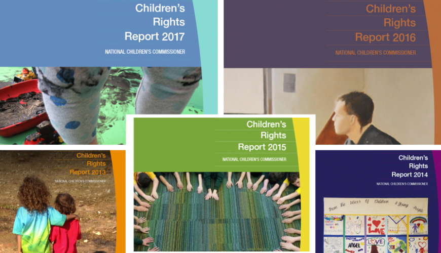 A compilation of the front covers of the Children's Rights Reports 2013-2017