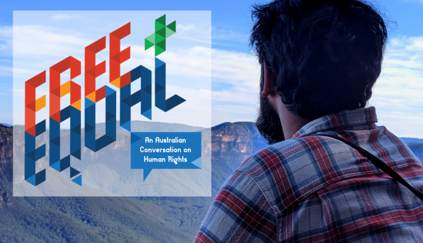 'Free and Equal' logo on top of a photo of a man looking out at mountains