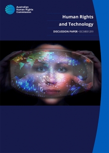 Human Rights and Technology discussion paper 2019. Woman with hightech headsup display