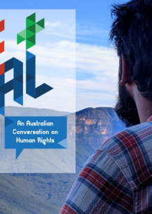 'Free and Equal' logo on top of a photo of a man looking out at mountains