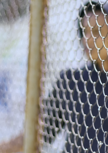 Boy wearing hoodie behind a wire fence