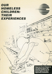 Cover of Our Homeless Children: Their Experiences. Drawing of boy in despair on edge of a gutter