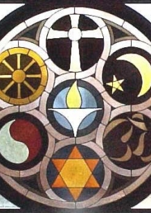 Photo: Stained glass representing many religions, Christianity, Taoism, Hindu, Buddhist, Judaism, Islam