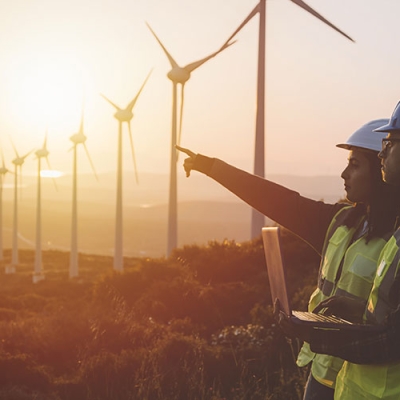 Workers looking at wind turbines