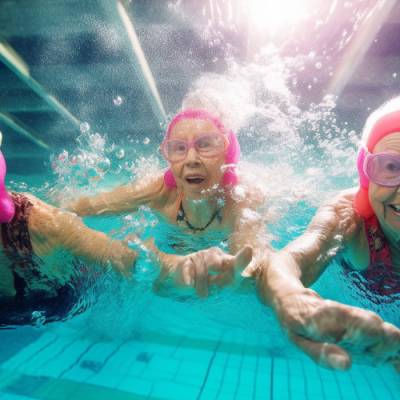 Three older women swimming in a swimming pool.